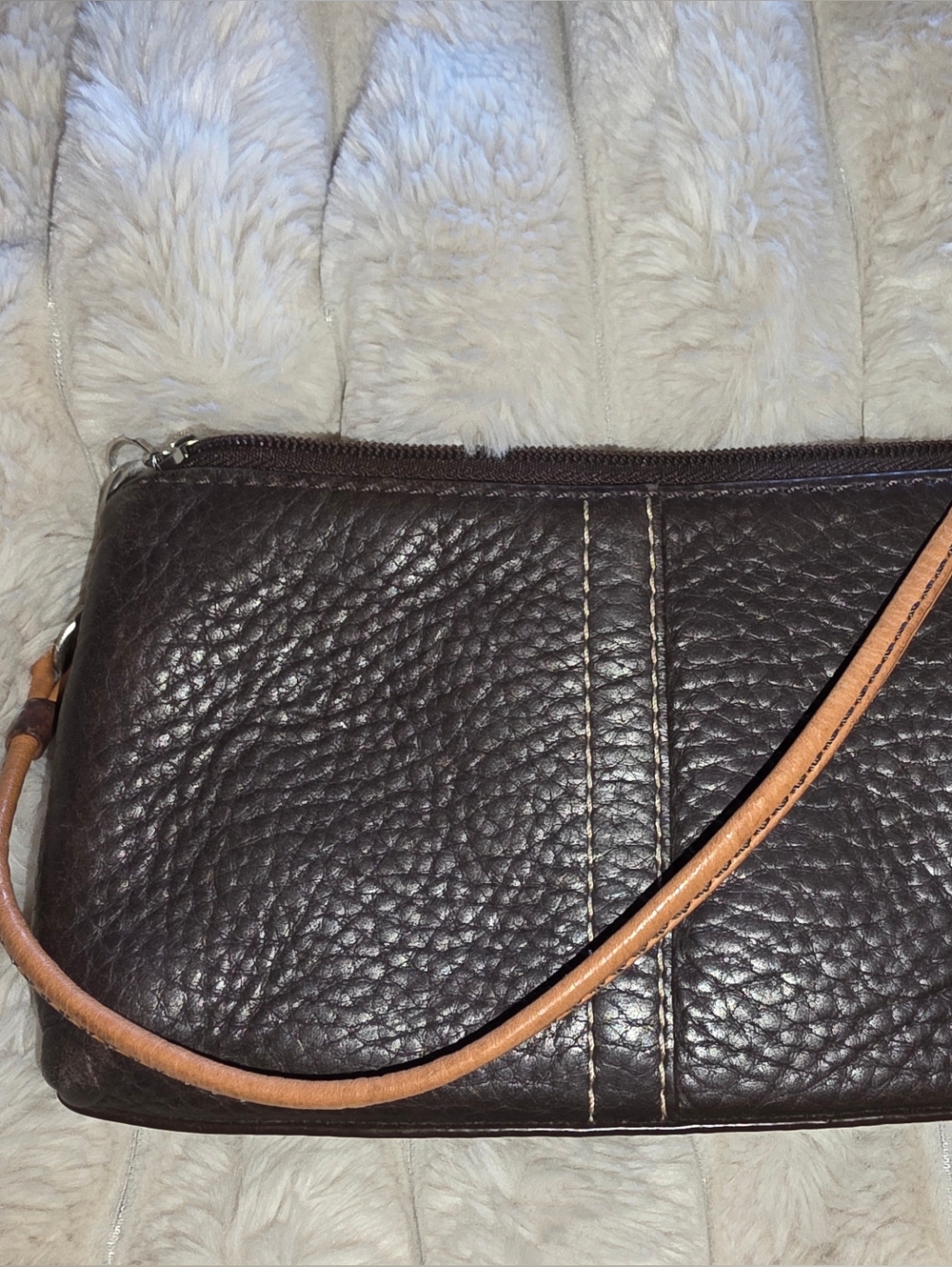 Coach Leather Wristlet Clutch in Dark Brown with Tan Strap